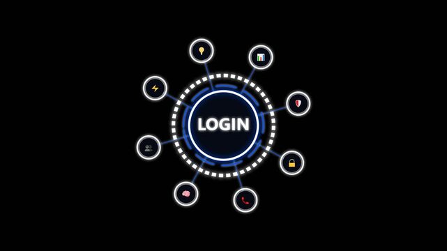 Digital login interface hub with futuristic icons and glowing elements on dark theme