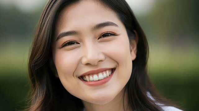 A Radiant Smile: A close-up portrait of a young Asian woman beaming with a natural, infectious smile, her eyes sparkling with warmth and happiness, set against a softly blurred outdoor backdrop.