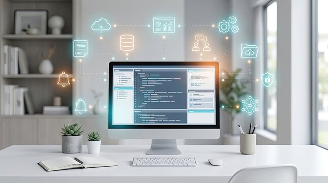 Computer monitor showing programming code with digital network interface and icons overlay.