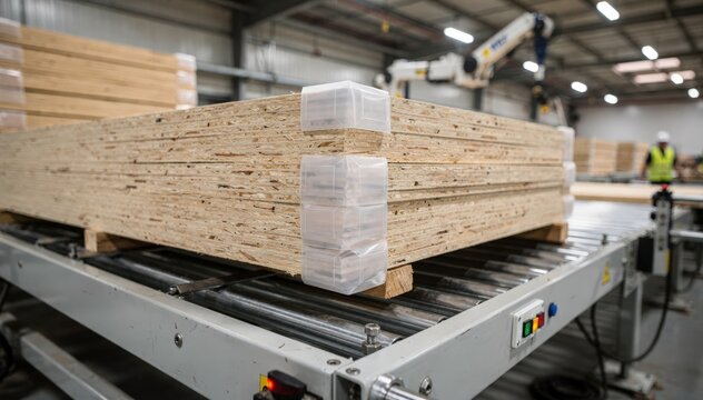 Medium shot focusing on corner protectors tightly fitted on stacked plywood bundles ensuring safety during handling and shipping on an automated packaging line.