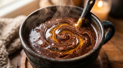 Fototapeta premium Macro texture of swirling hot chocolate with golden honey and soft steam