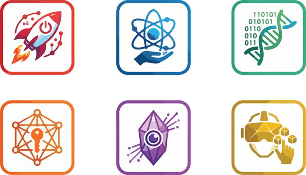 Innovation technology logo icon collection on isolated white background. Set of 6 next-gen tech vector icons including orbital launch, quantum connect, bio-digital core, defi protocol, vision analytic