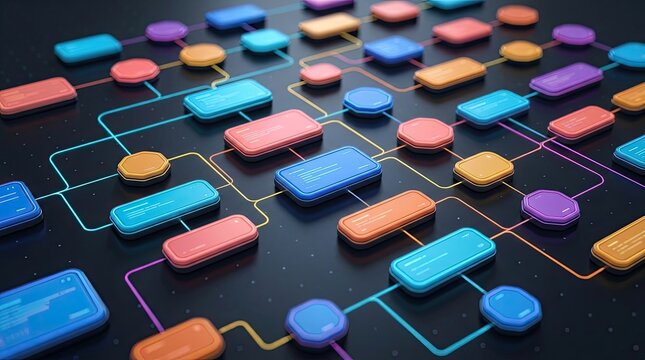 Colorful digital nodes and connections forming complex network diagram on dark background.
