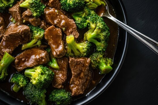 Close-up of beef and broccoli dish in dark sauce on black plate, with spoon