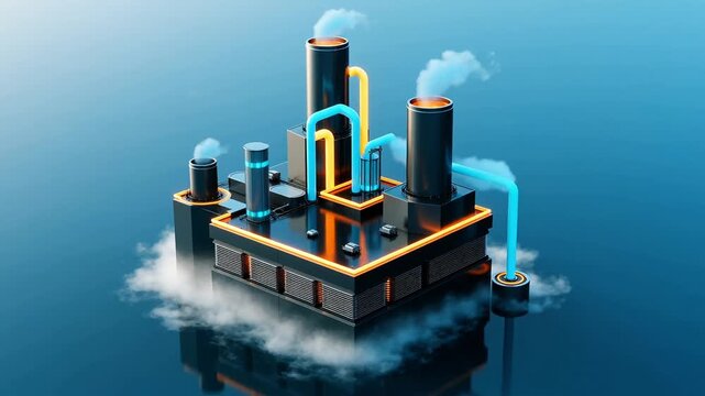 Futuristic dark grey factory with glowing pipes emitting smoke from chimneys representing modern industrial architecture