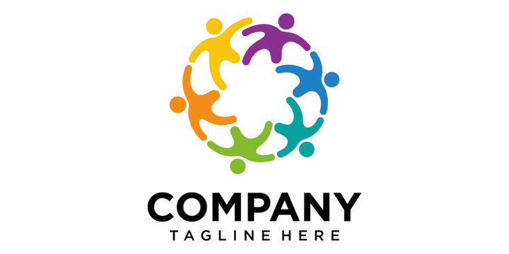 Colorful illustration of diverse people forming a circle with hands joined in unity and cooperation for a company logo