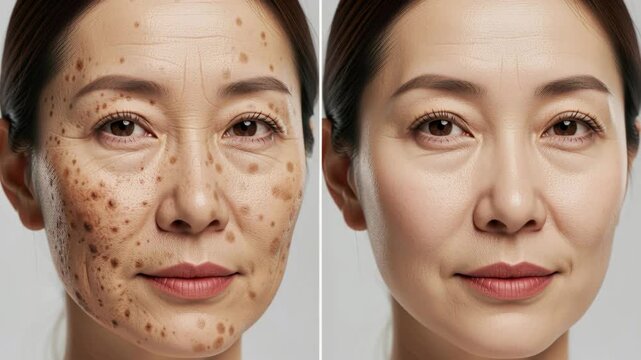 Transformation of a Woman's Face: A split image showcasing the remarkable change in a woman's facial skin, highlighting the reduction of blemishes and freckles to reveal a smoother.