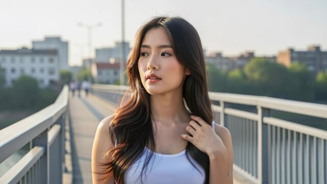 Urban Portrait of Serenity: A young Asian woman with long, dark hair stands on a bridge, bathed in the soft, golden light of a late afternoon sun, her gaze thoughtful and serene.