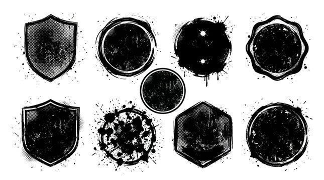 Collection of black ink splatter shield and badge icons
