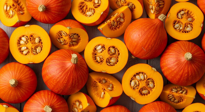 Red Kuri Squash Seamless Background Texture, Fresh Hokkaido Pumpkin Flat Lay Pattern