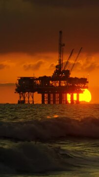 Oil Rig Or Offshore Oil Semi Submersible Station Platform in Ocean Captured During Sunset. Oil, Gas & Energy Industry. Vertical Video