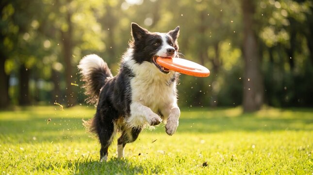Border Collie dog running and catching an orange frisbee in a sunny park