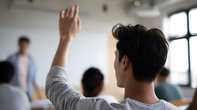 Young adult student raise hand in dynamic classroom setting, back of head view, engaged in learning, eager to participate and ask questions