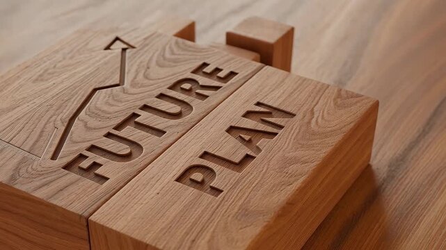 Wood Puzzle Blocks with Future Plan and Growth Arrow: Close-up of wooden puzzle blocks, one engraved with FUTURE and an upward trend graph, the other with PLAN.