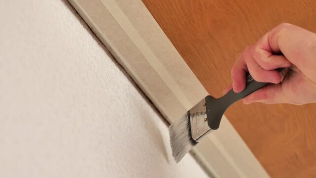 Textured Paintable Wallpaper. man paints textured wallpaper white using a paintbrush.Repairing a Wallpapered Wall. 4k footage