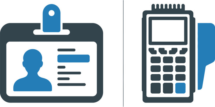 Minimalist blue and dark grey featuring a personal identification badge with a user profile and a modern electronic point of sale payment terminal