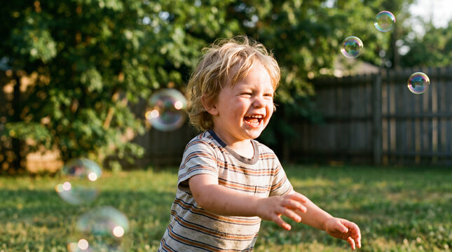 Children's Day toddler chasing bubbles laughing in backyard outdoors for summer celebration greeting cards social media childhood joy marketing promotional materials