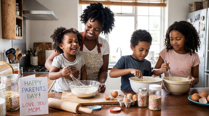 Obraz premium Parents Day mother children baking together in kitchen indoors for family celebration greeting cards social media motherhood bonding cooking marketing materials