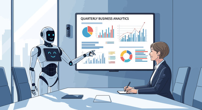 Friendly robot assistant presents quarterly business analytics and market charts to a professional female office executive