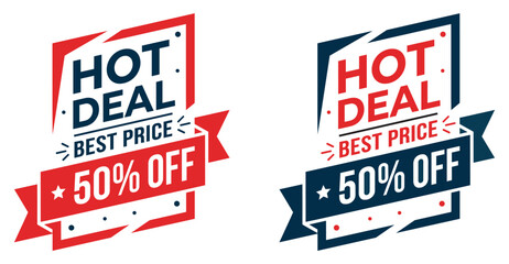Hot deal discount sale badge vector with best price typography and 50 percent off ribbon label design isolated on white background © Maddy