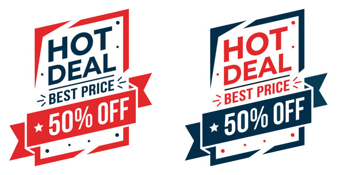 Hot deal discount sale badge vector with best price typography and 50 percent off ribbon label design isolated on white background