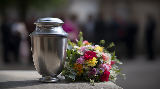 A respectful metallic urn stands beside a vibrant bouquet of flowers, symbolizing remembrance and tribute during a solemn ceremony or memorial service