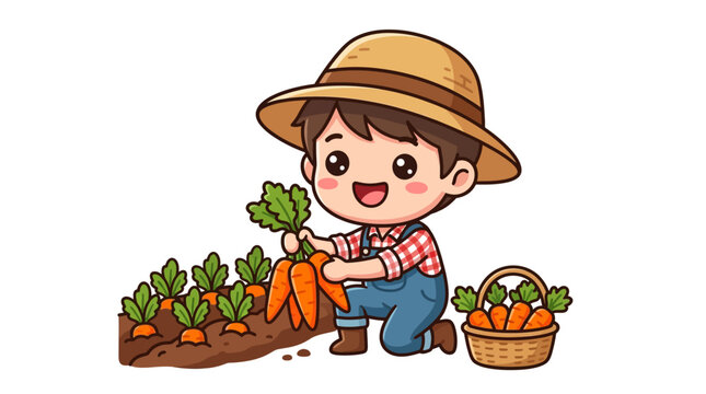 Boy Harvesting Carrots Outdoors.