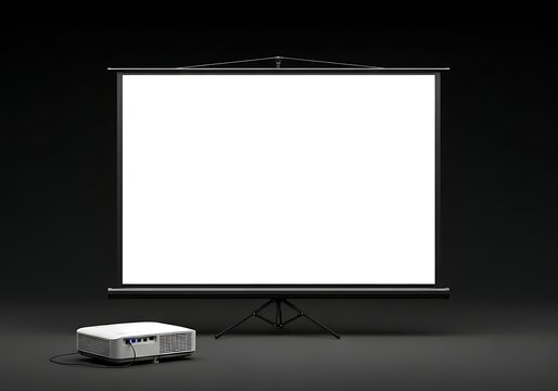 Blank projector screen with portable stand and projector on dark background for presentation, business meeting, media display