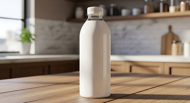 Blank plastic bottle mockup standing on wooden kitchen table, product branding template for beverage, water, milk, juice