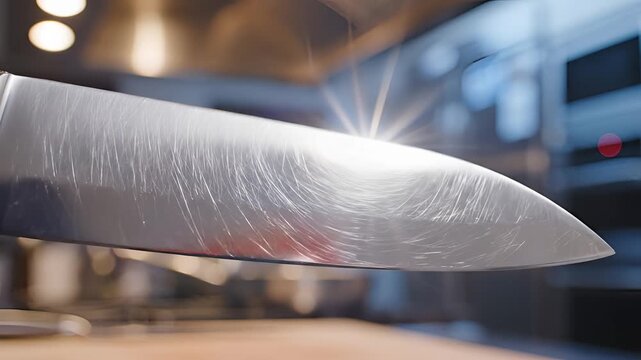 Closeup of a sharp chefs knife blade reflecting a kitchen environment.
