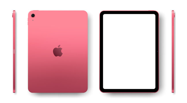 Photorealistic detailed Apple iPad A16 11 inches 2025 Pink mockup. Real dimentions. Front, rear and side views isolated on white background with shadows. Vector editorial illustration