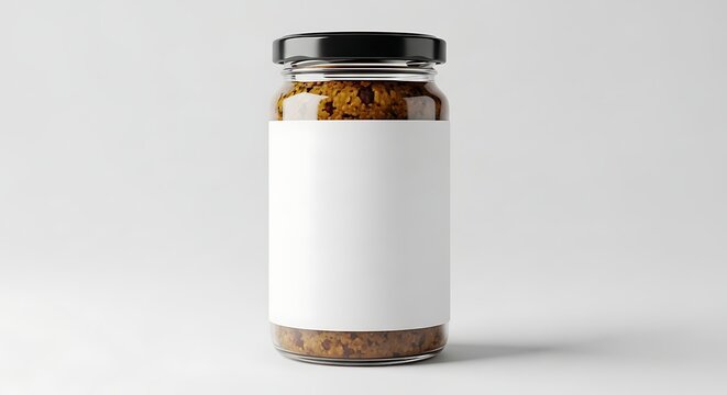Isolated glass jar with black lid and empty white label for food packaging branding, spread, sauce, pantry storage