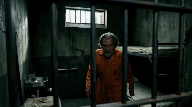Senior man in orange jumpsuit standing behind metal prison bars. Inmate looking through window of cell. Dramatic scene of crime, punishment and justice system.