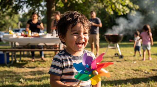 Children's Day backyard barbecue party toddler holding colorful pinwheel outdoors for summer celebration greeting cards social media family event marketing