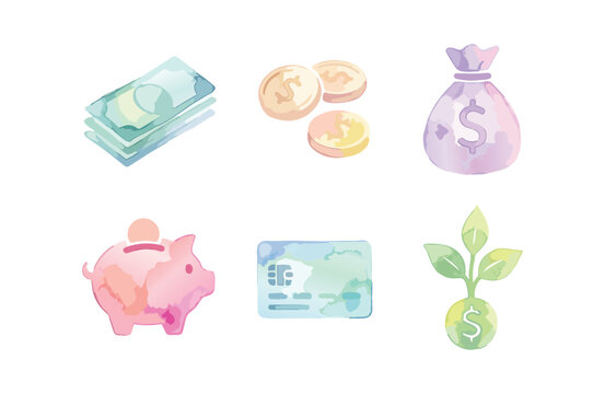 Watercolor money and financial icons set on white background