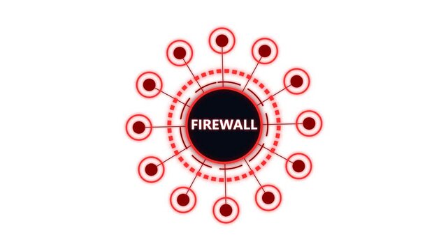 Firewall network security concept with red circular nodes on clean white backgrounds