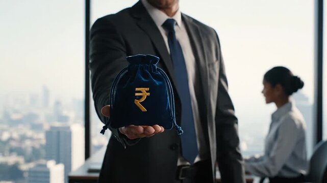 Businessman holding Rupee money bag.