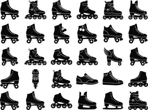Roller Skate Silhouette Icons Set - Black Vector Collection
