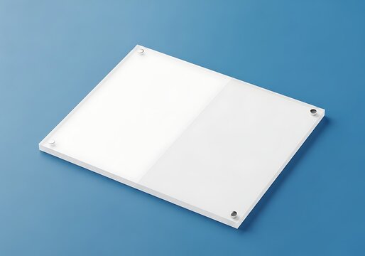 Blank white acrylic sign mockup with silver hardware on blue background, business branding display template, signage holder