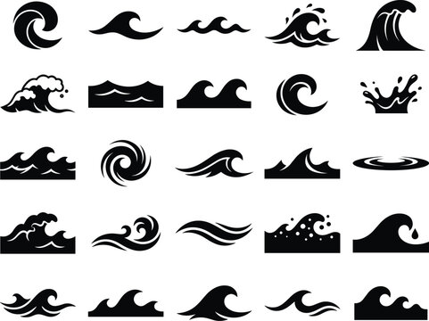 Sea Waves Silhouette Icons Set - Black Vector Collection
