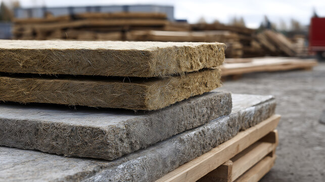 Stack of insulation material on a wooden pallet outdoors, ready for construction or renovation work, showcasing texture and raw form