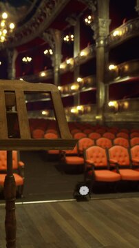 A wooden lectern stands in front of empty orange seats in a historic theater. The stage is dark, and lights highlight the ornate ceiling. The venue is ready for a show.