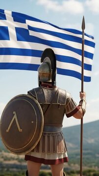 Spartan warrior holding spear and shield with Greek flag background, ancient Greek soldier in armor, symbol of national pride, courage, strength, and historical heritage