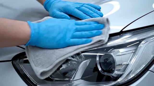 Car detailer polishing silver car hood.