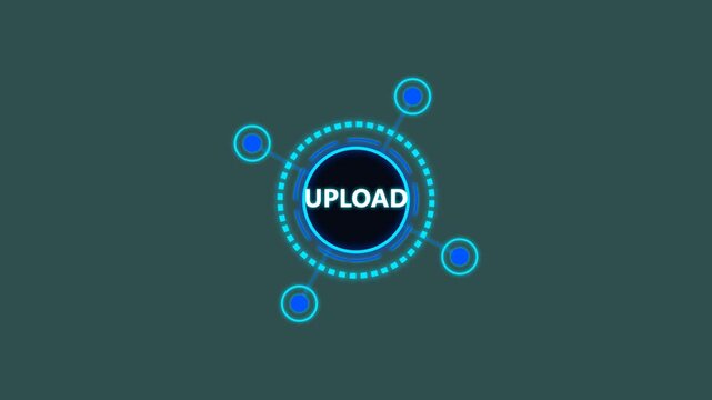 Upload digital interface with rotating neon blue hud elements on the dark background