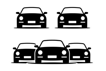 Obraz premium Black silhouettes of multiple cars facing forward in two rows on a white background, simple vector illustration for design and transportation concepts.