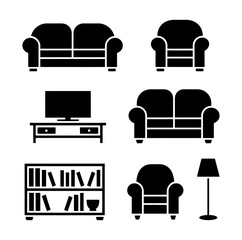 Living room furniture icons including sofas, TV, lamp, and bookcase in simple black and white minimalist style for interior design and decoration concepts © SabithaRani
