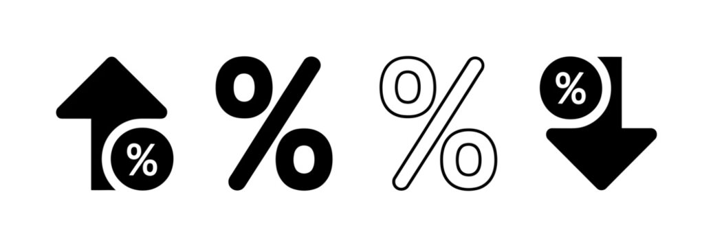 Black and white percentage symbols with arrows indicating increase and decrease in rates or values on a plain white background