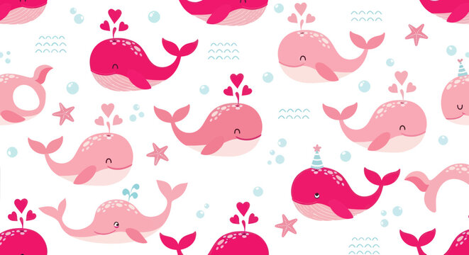 Cute Pink Whales Seamless Pattern, Kawaii Ocean Marine Life Art