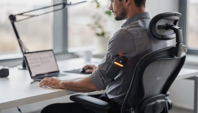 Closeup medium shot of a desk worker adjusting their chair while a wearable sensor on their back records posture data
